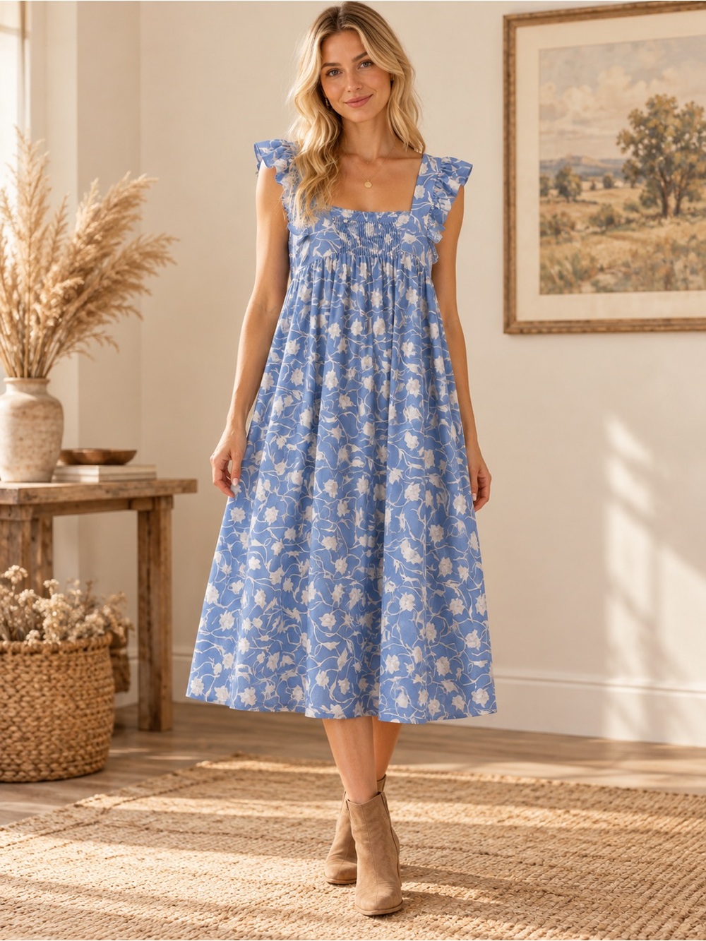 a new day Blue Floral Square-Neck Midi Dress with Flutter Sleeves